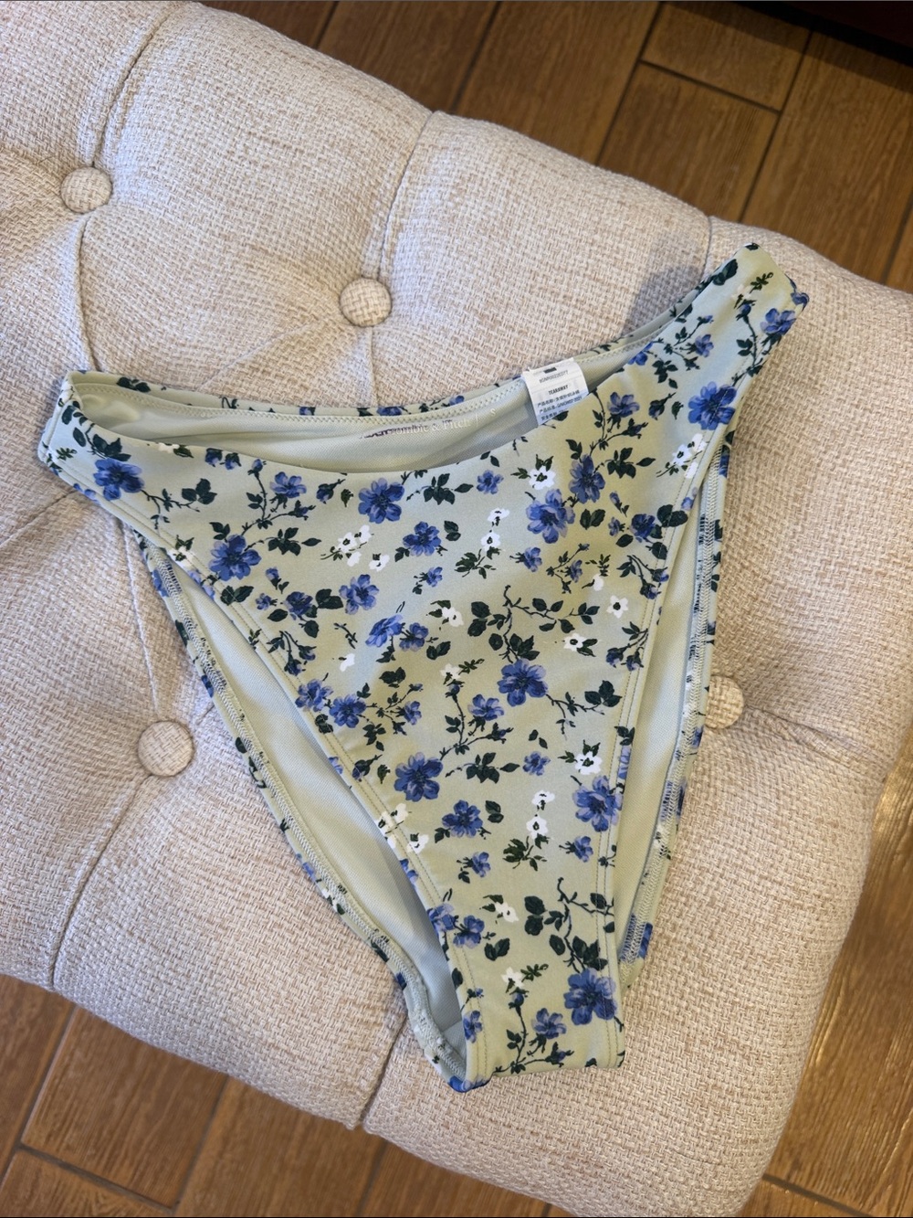 Abercrombie & Fitch Sage Green Floral High-Cut Bikini Bottom with Blue Flowers